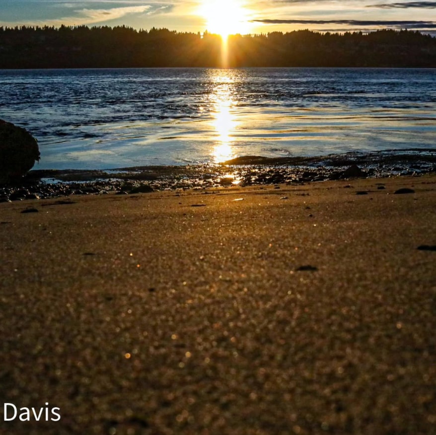 Sunrise reflecting across a shoreline